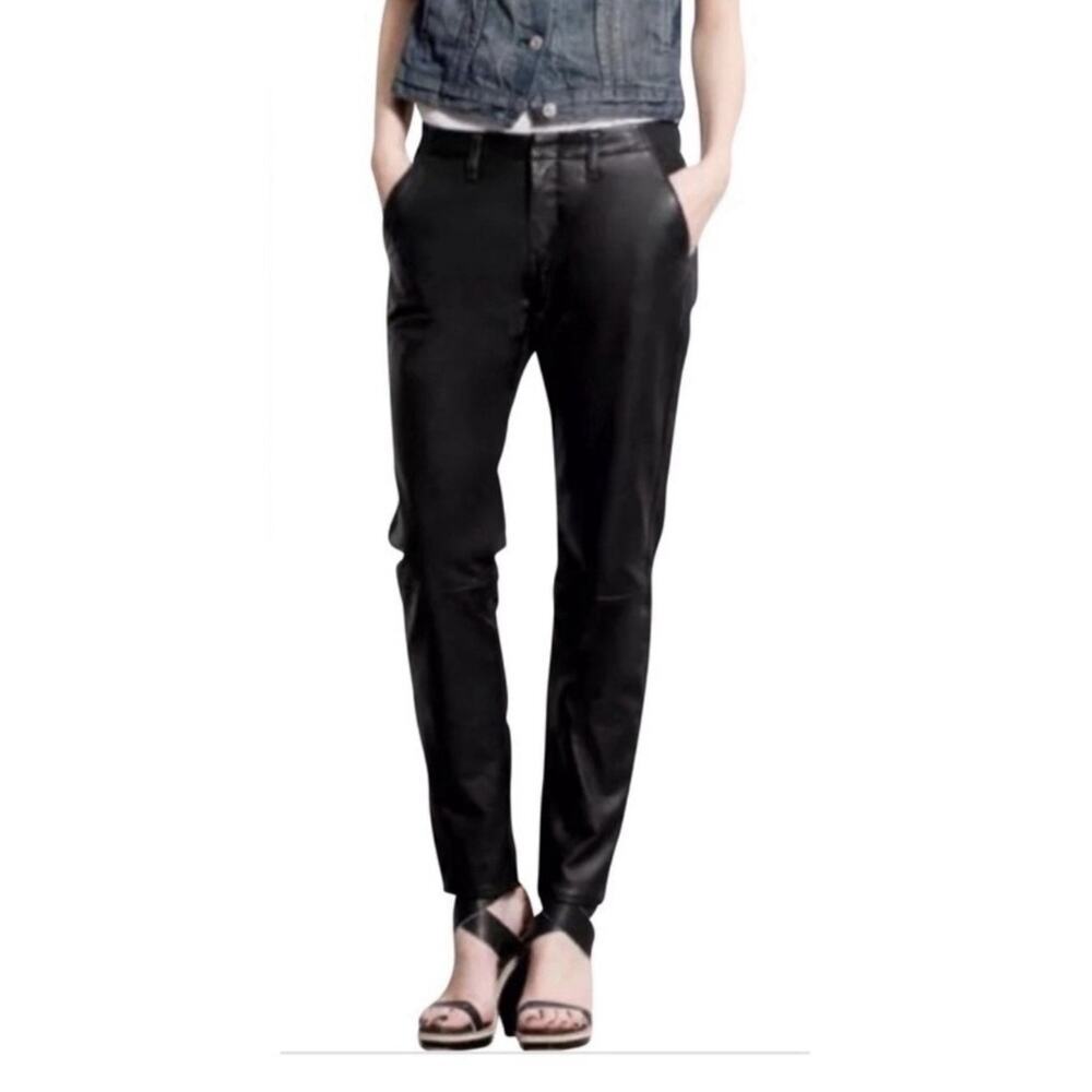 Rag‎ & Bone Black Lamb Leather Front 2 Mixed Media Pants 30 28 Mid Rise Belt Zip